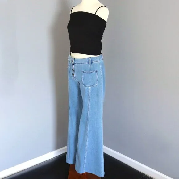 Chloe 6 / F 38 Denim Wide Flare Jeans Bell Bottom Button Fly Patch Pocket - Picture 8 of 15